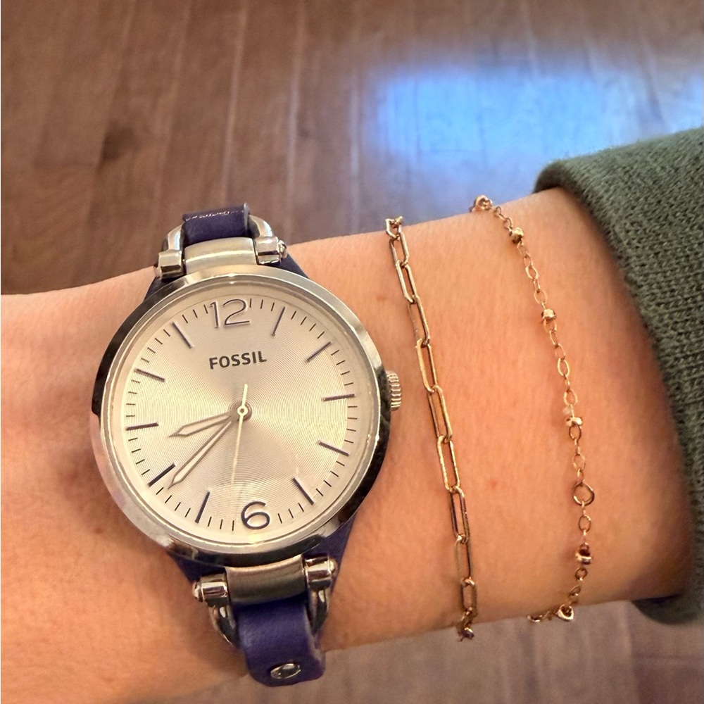 Fossil Women's Silver Dial with Blue Leather Strap Watch